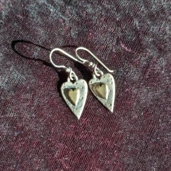 Mixed metal heart dangle earrings, dimensional, sterling wires, designer quality - Picture 1 of 6